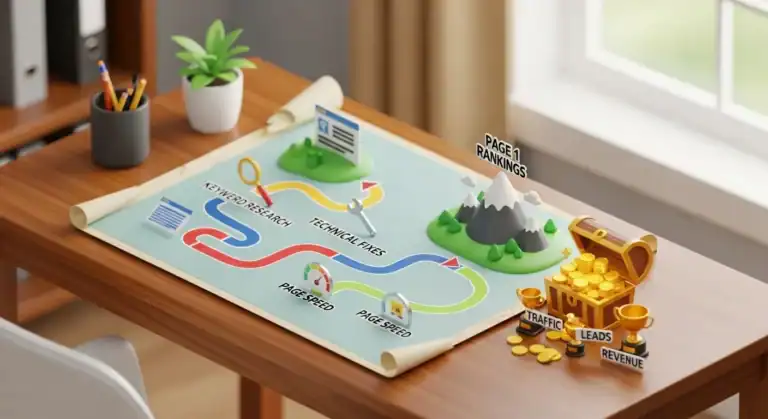 SEO roadmap to page 1 rankings: Keyword research, technical fixes, and page speed lead to traffic, leads, and revenue.